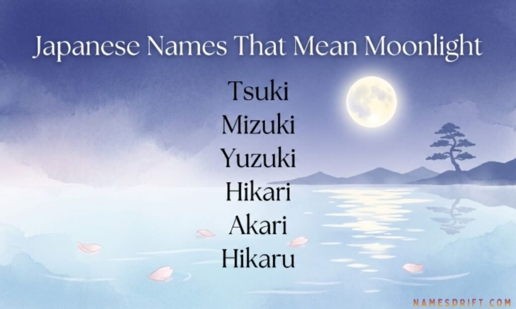 Japanese moonlight names with glowing moon and calm celestial aesthetic.
