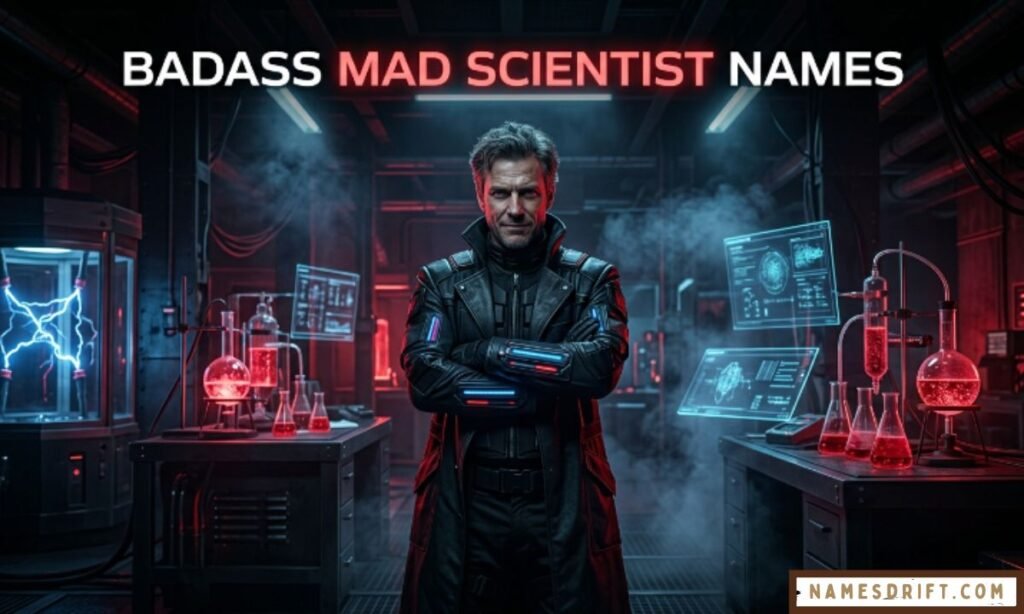 Badass mad scientist in futuristic underground laboratory with glowing experiments