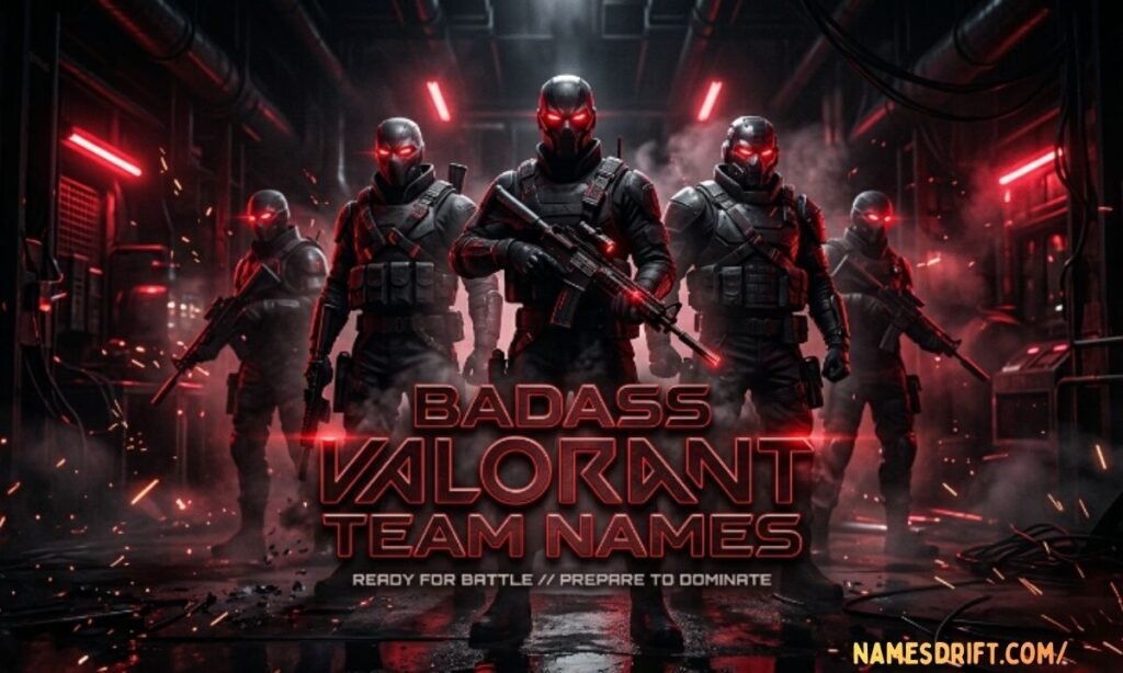 Badass Valorant team names image with dark tactical esports characters.