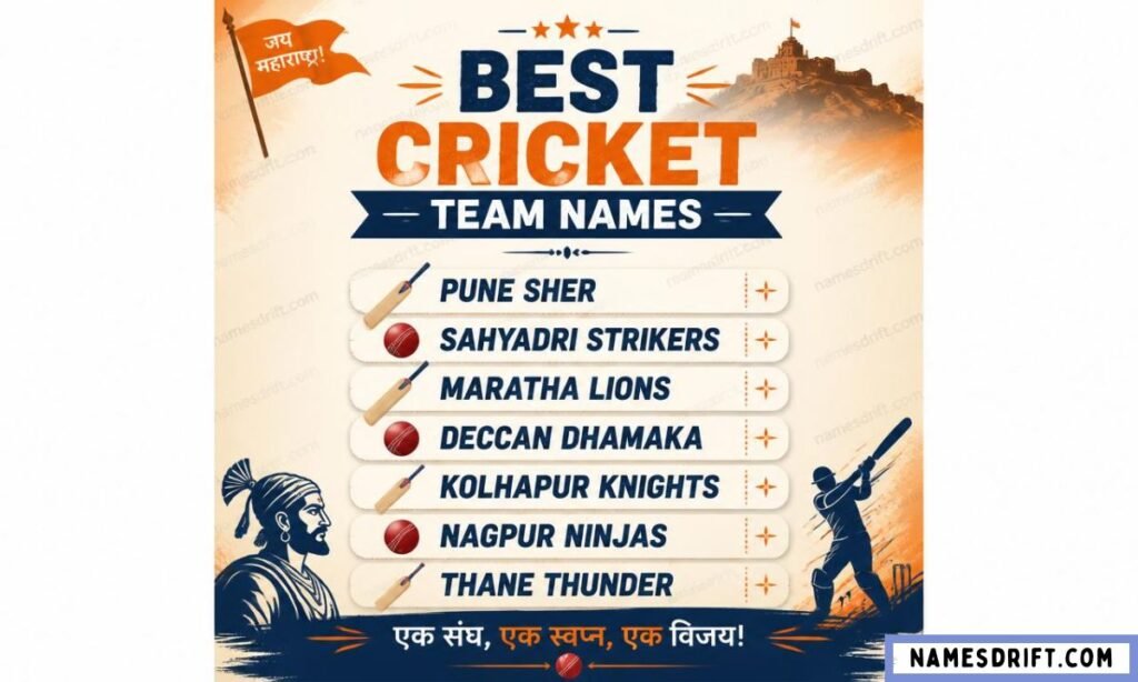 Marathi cricket team names infographic with strong sports-style names