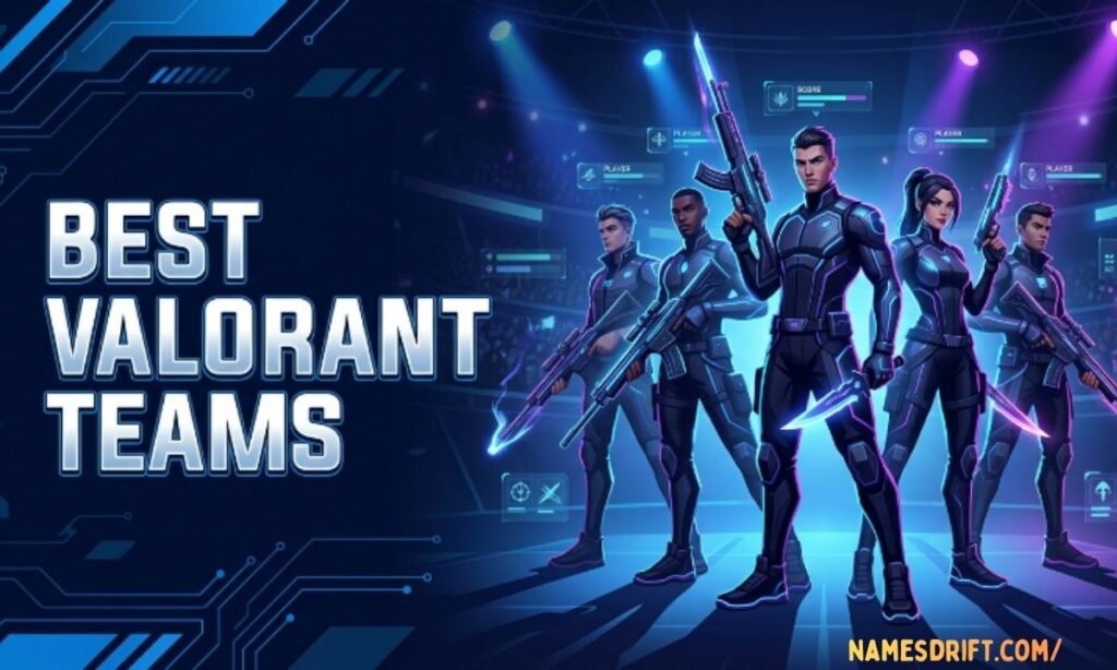 Best Valorant teams image with futuristic esports squad and blue neon theme.