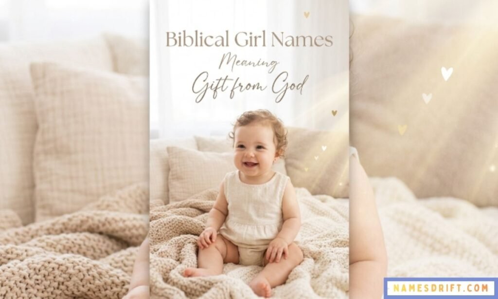 Baby girl in warm beige background representing biblical names meaning blessing from God
