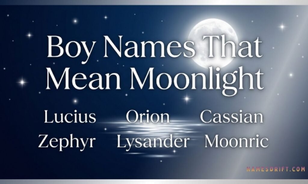 Moonlight-inspired boy names on a dark celestial background with glowing moon.