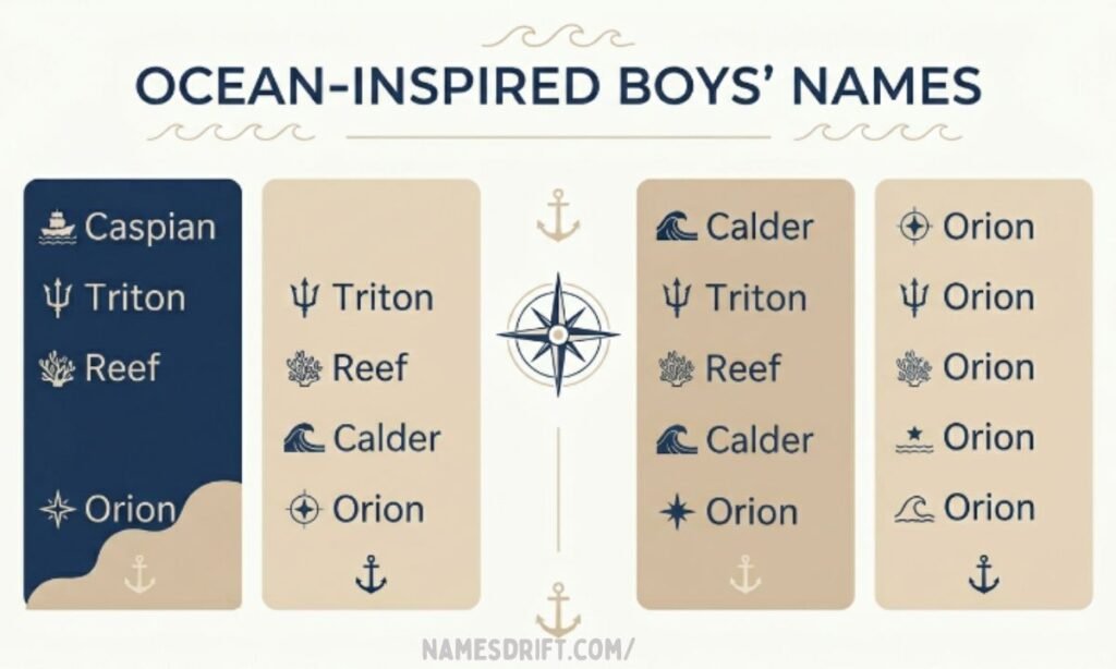 Boy names meaning sea in a modern ocean-themed graphic