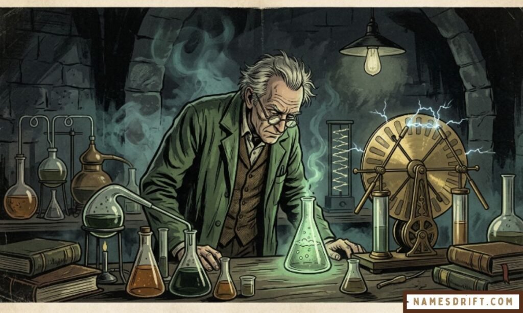 Classic mad scientist laboratory illustration with vintage gothic science theme