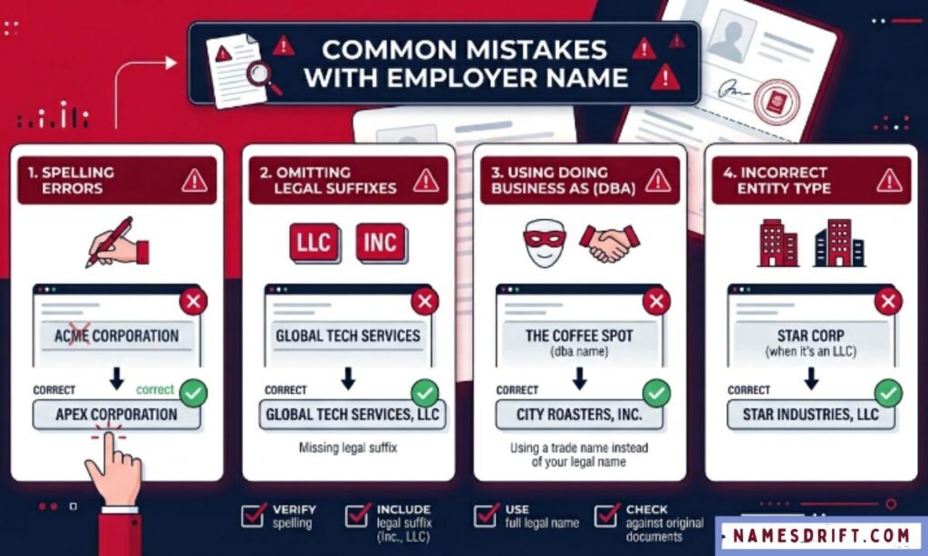 Common employer name mistakes infographic illustration