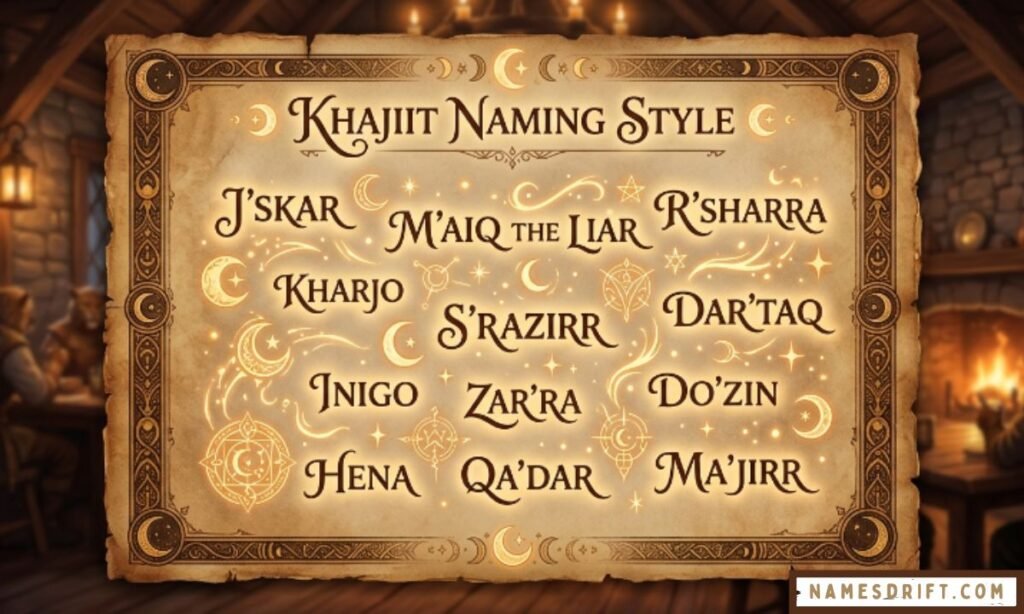 Khajiit naming style fantasy parchment image with magical RPG atmosphere