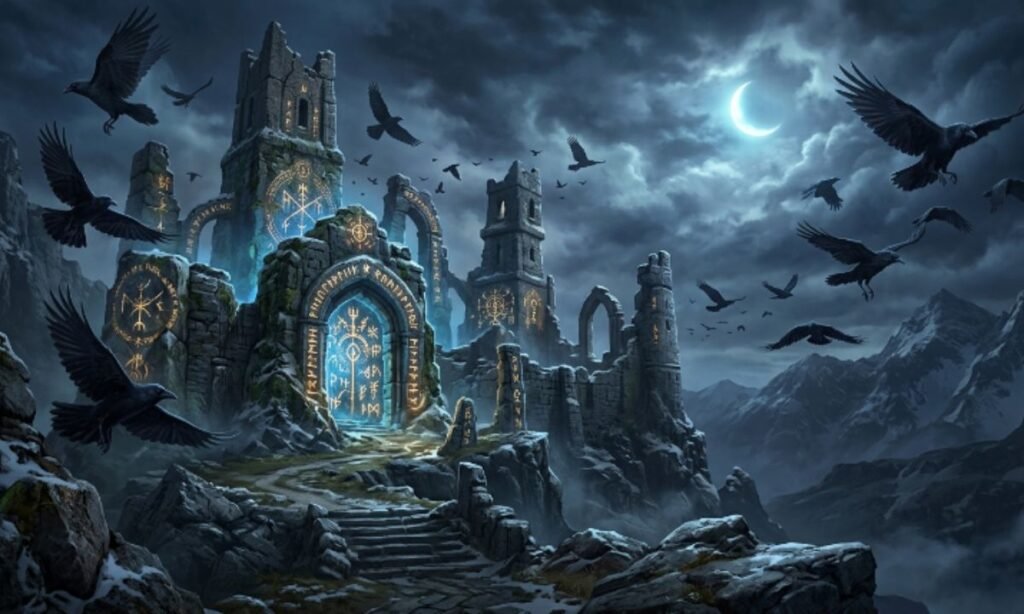 Mystical ravens flying around ancient mythological ruins under moonlight.