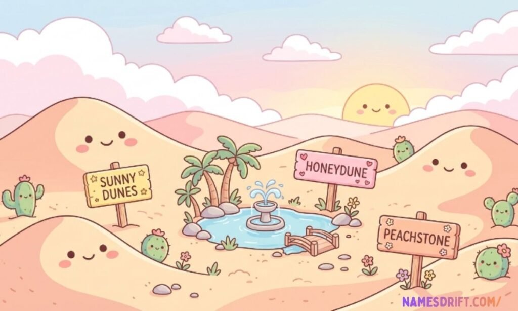 Cute pastel desert oasis with smiling dunes and adorable desert name signboards