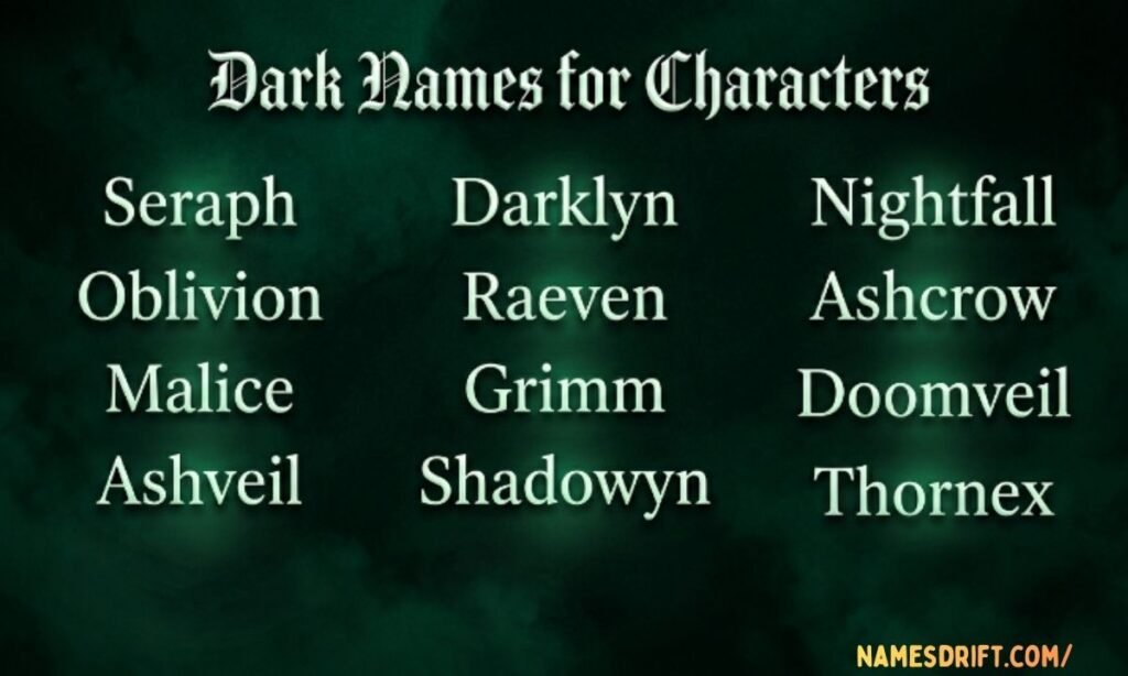 Fantasy dark character names graphic with emerald green smoky background.
