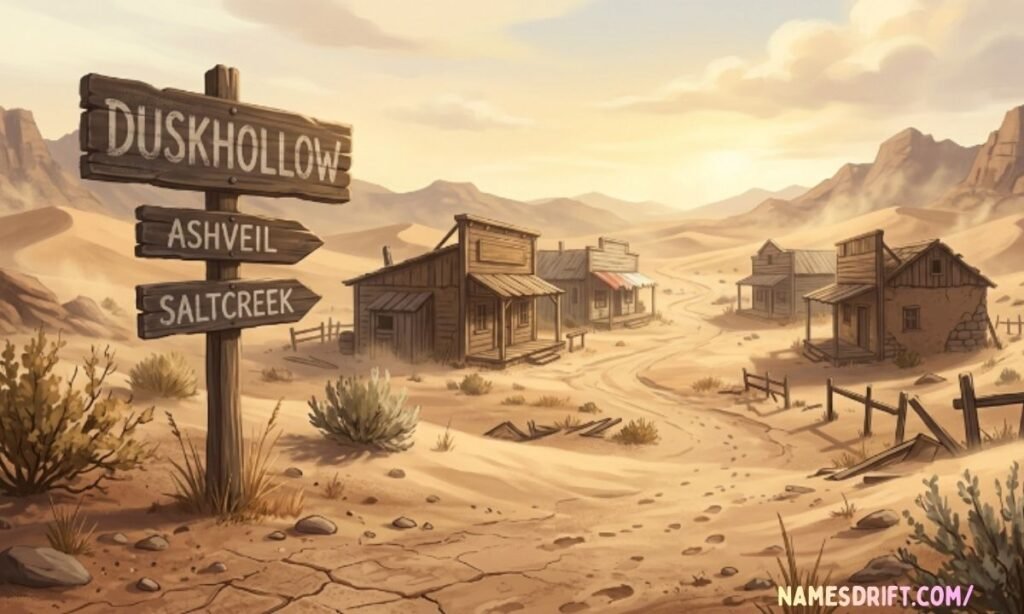 Dusty desert town with wooden signboards showing creative wasteland town names