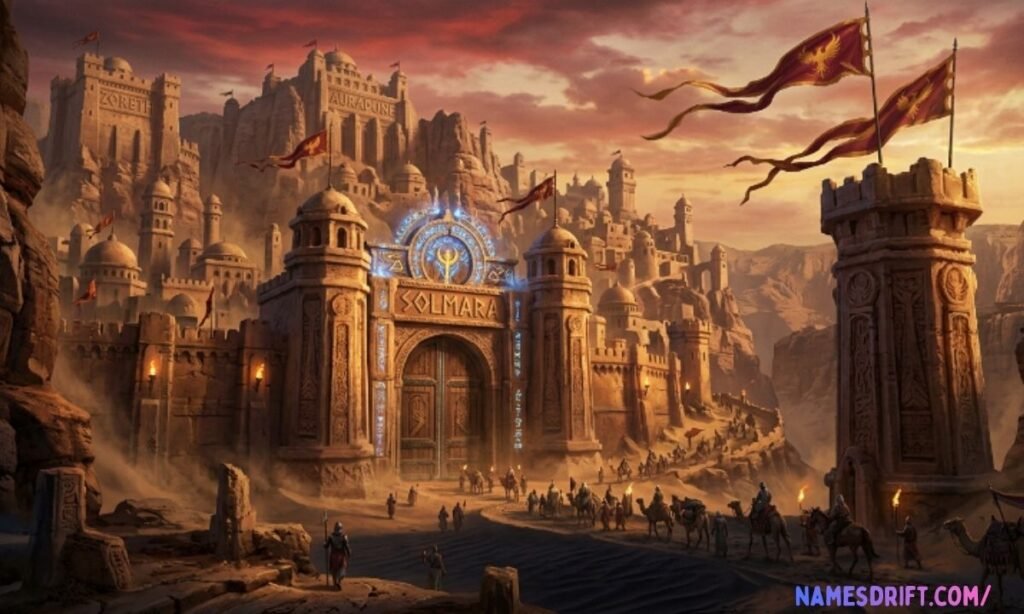 Ancient fantasy desert kingdom with glowing ruins and royal wasteland names