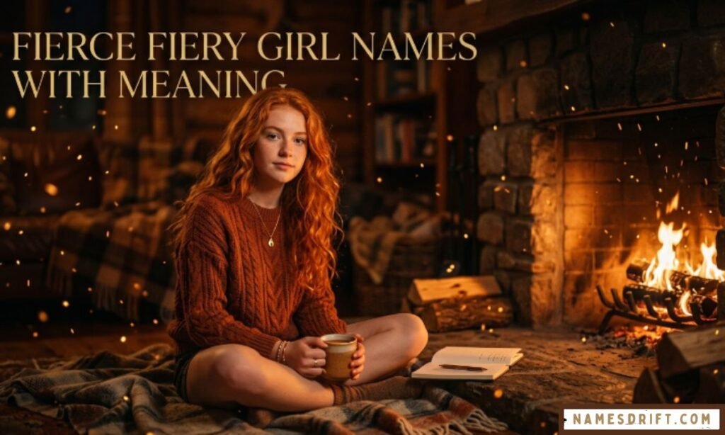 Beautiful fiery girl sitting in warm glowing firelight