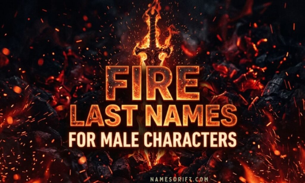 Masculine fire-inspired last names graphic with dark fiery background