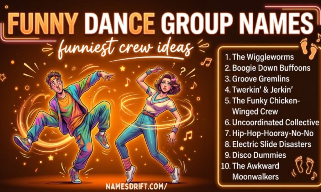 Funny dance crew poster with playful dancers and humorous group names