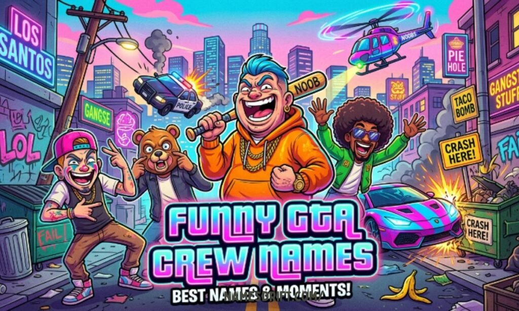 Funny GTA crew names image with colorful neon city chaos
