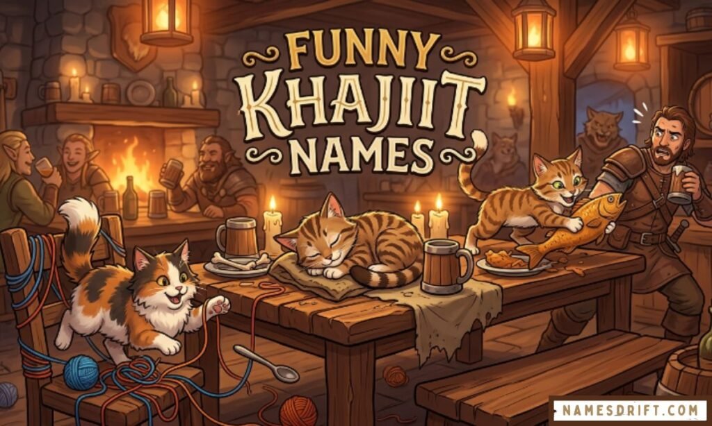 Funny Khajiit cats in fantasy tavern with humorous RPG atmosphere