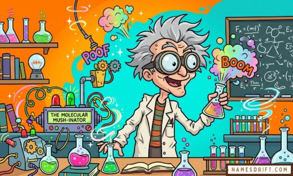 Funny cartoon mad scientist with crazy inventions and colorful lab