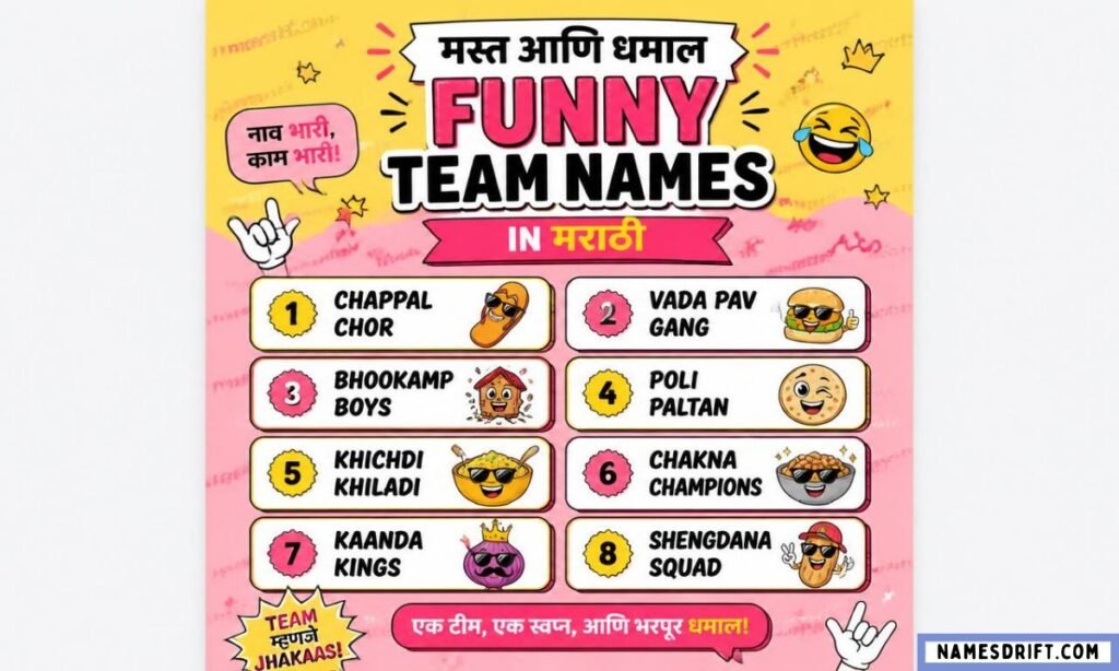 Funny Marathi group and team names displayed in a playful infographic