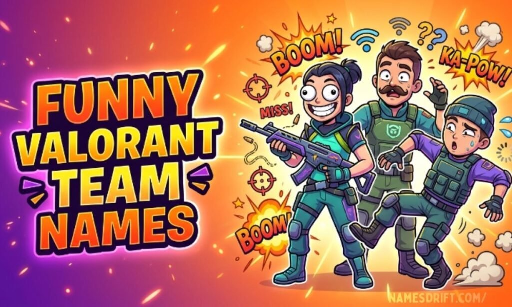 Funny Valorant team names image with goofy gaming squad and colorful background.