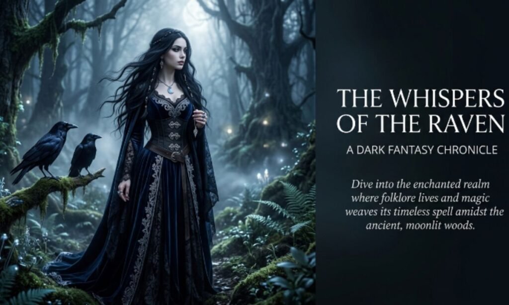 Fantasy-inspired girl surrounded by black crows in a moonlit forest.