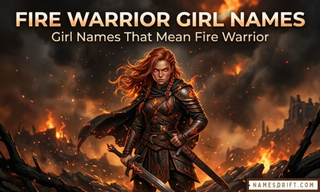 Fantasy warrior girl surrounded by glowing fire sparks