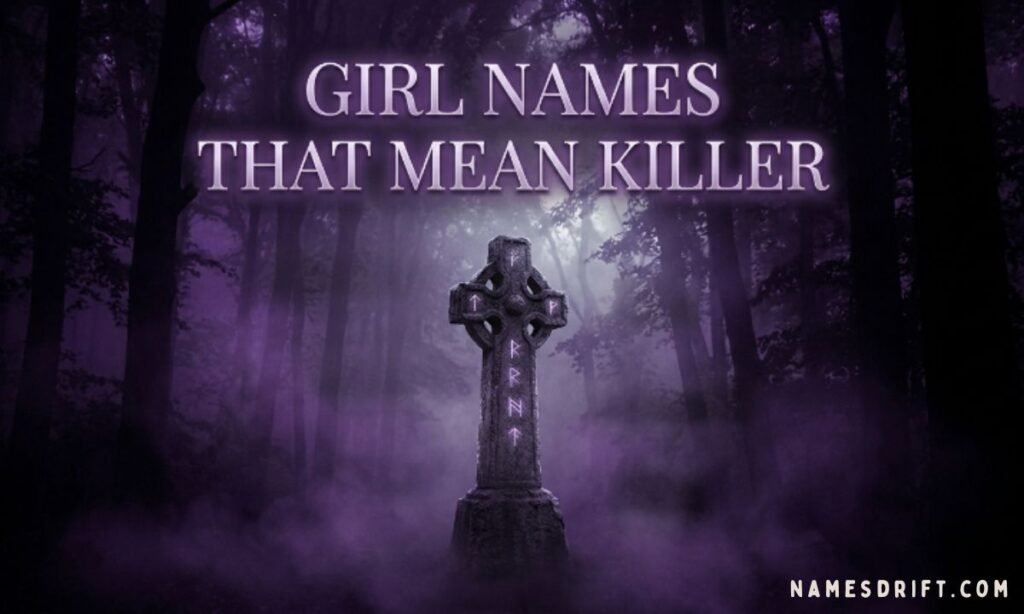 Girl names that mean killer displayed in a mystical purple forest scene.