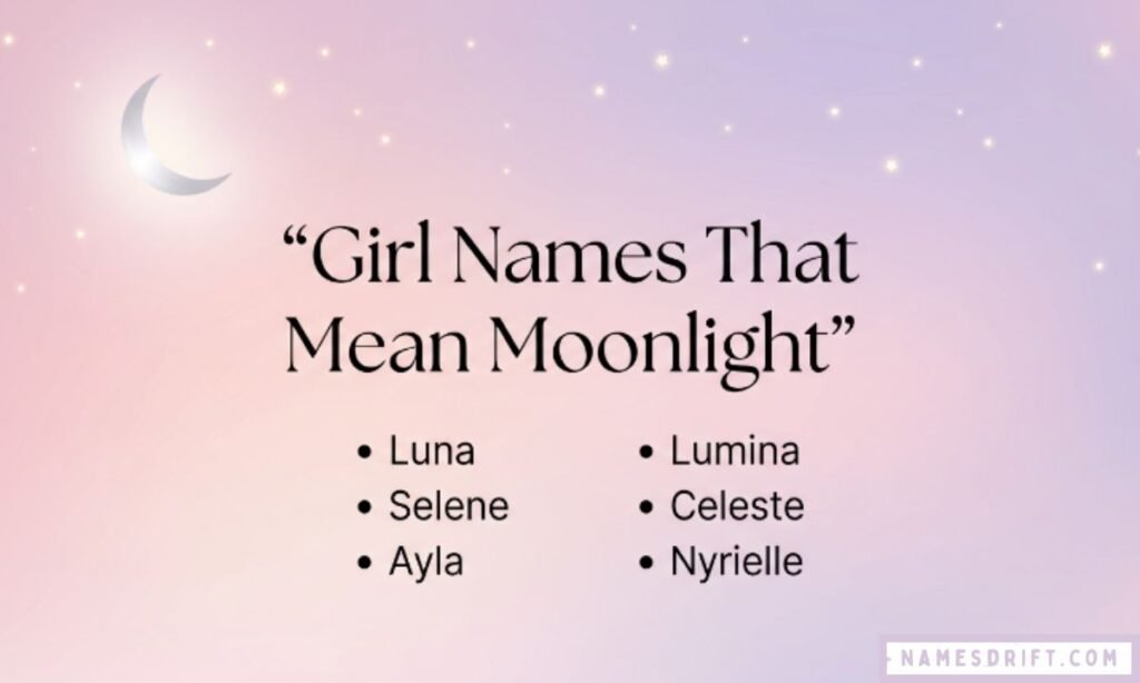 Pastel pink moonlight-themed image featuring girl names inspired by the moon.