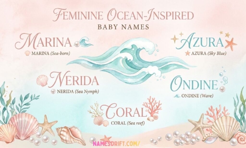Girl names that mean sea with pastel ocean aesthetic illustration