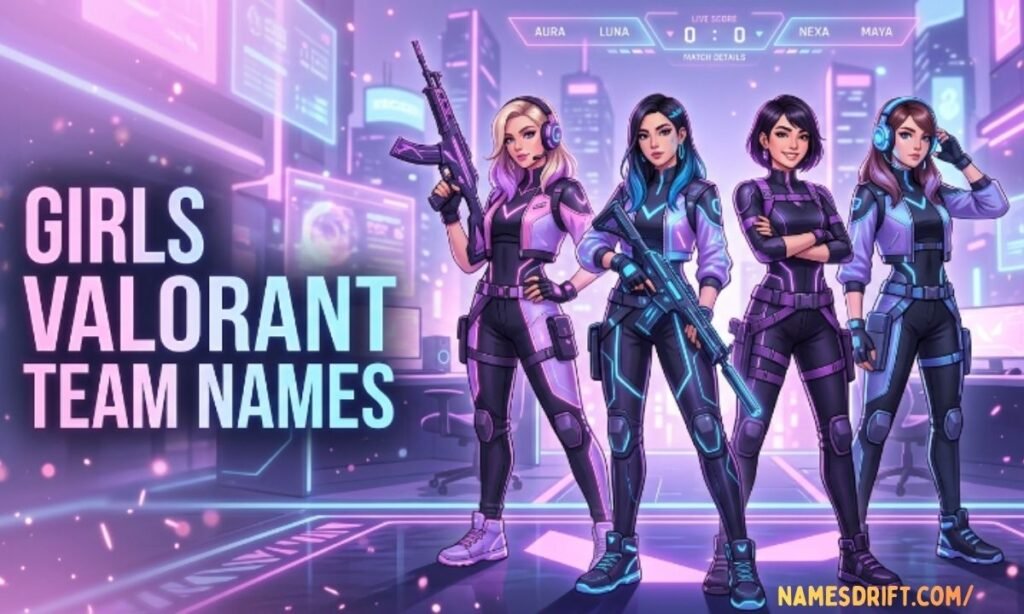Girls Valorant team names image with stylish female gaming squad and pastel neon theme.