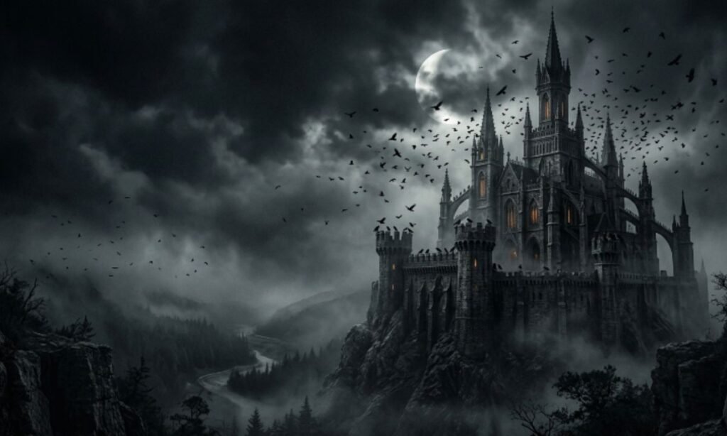 Black crows flying around a gothic castle during a foggy night.