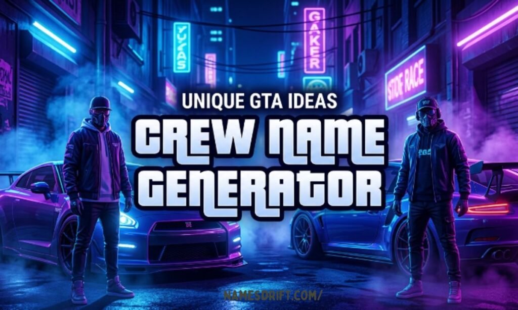 GTA crew name generator image with neon city and sports cars