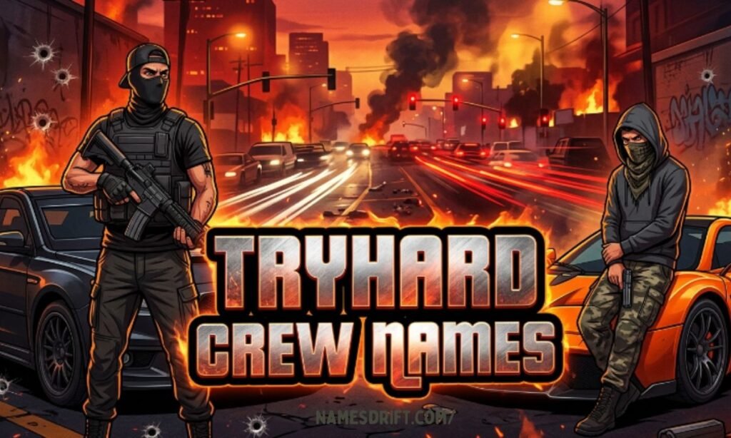 Tryhard GTA crew names image with red action city background