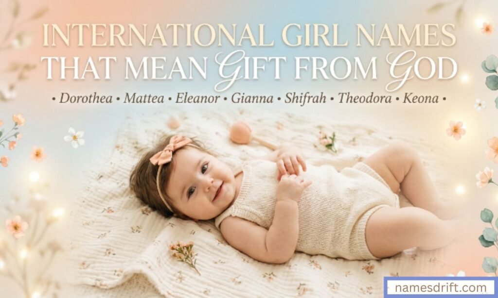 Elegant multicultural baby girl image for international names meaning gift from God