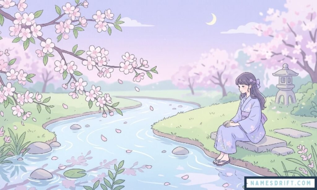 Japanese girl names meaning water with feminine pastel aesthetic design