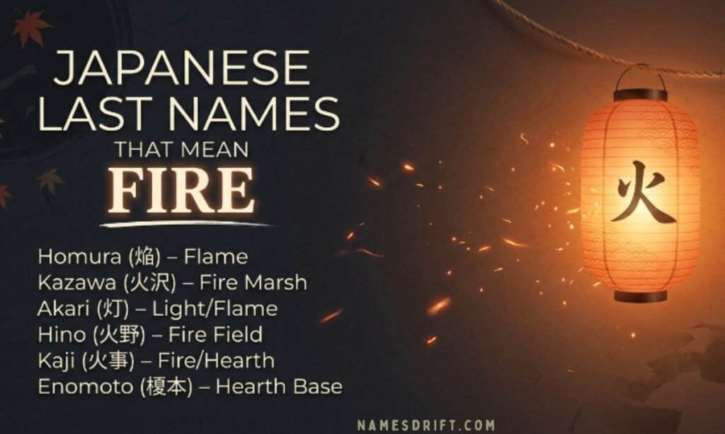 Japanese fire surnames graphic with lantern-inspired fiery background