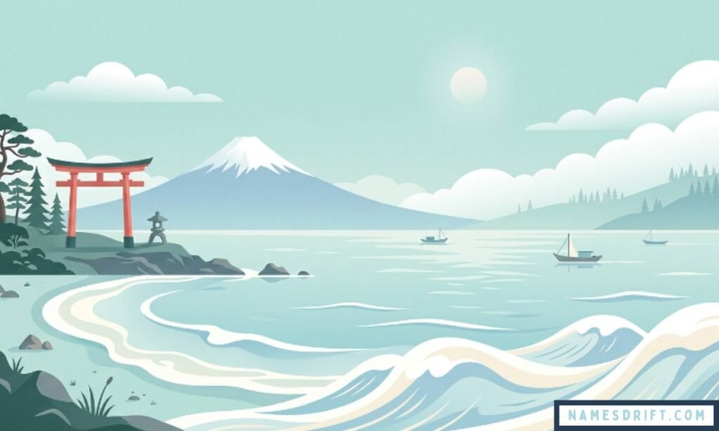 Japanese ocean-inspired names with calming sea background illustration