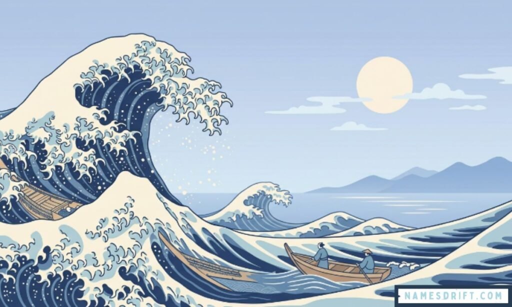 Japanese names inspired by waves with aesthetic ocean illustration