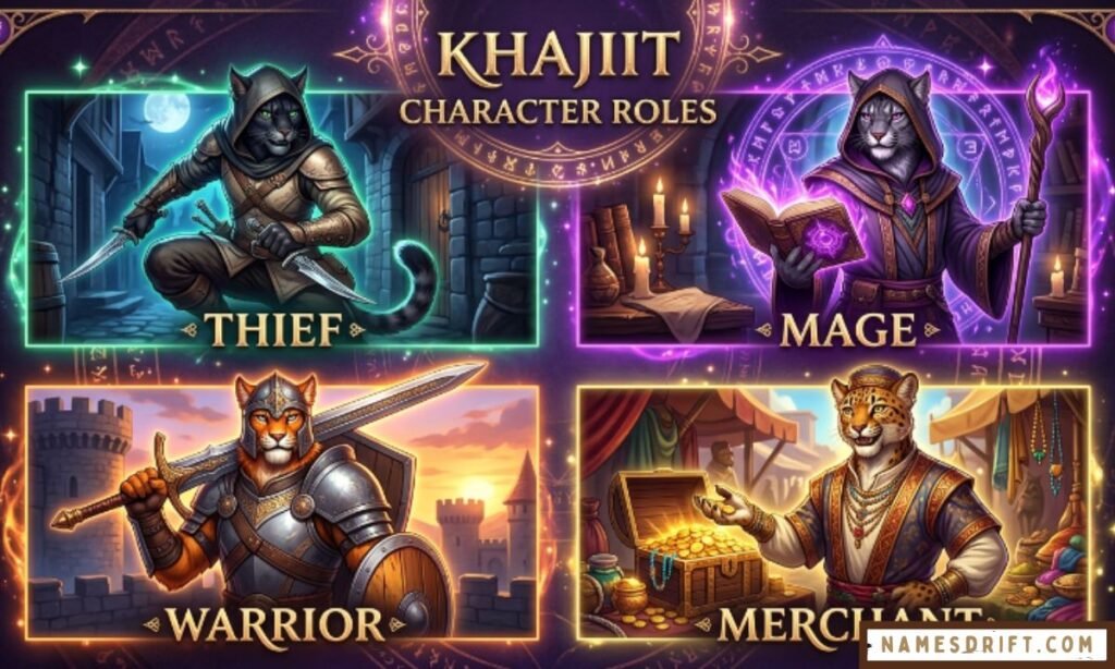 Fantasy Khajiit RPG character classes including warrior thief mage and merchant