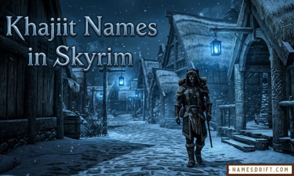 Skyrim inspired Khajiit fantasy character image in snowy RPG town