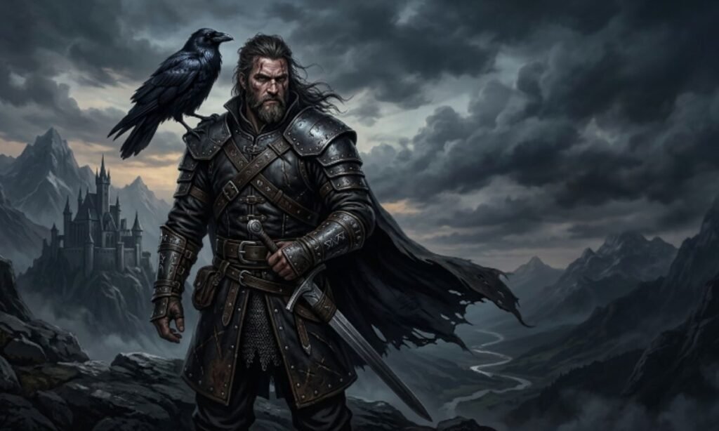 Dark fantasy warrior with a black crow perched on his shoulder.
