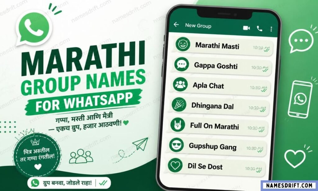 Stylish Marathi WhatsApp group names infographic with modern chat theme