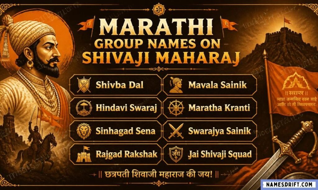 Marathi Shivaji Maharaj inspired team names infographic with royal theme