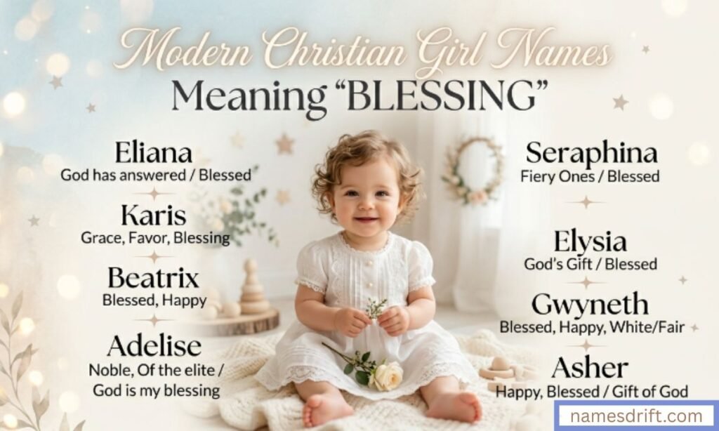 Modern pastel baby girl image for Christian names meaning blessing
