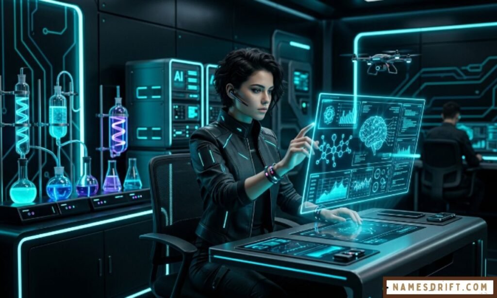 Modern cyberpunk scientist in futuristic technology laboratory