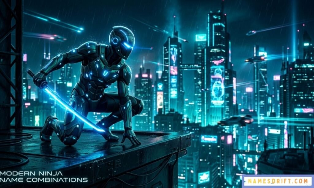 Cyber ninja character with futuristic neon blue city background