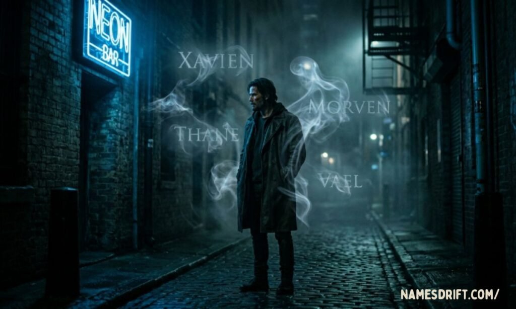 Lonely mysterious man standing in blue fog with forgotten-themed names.