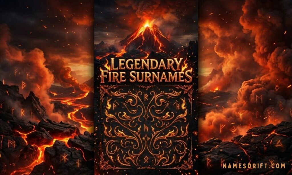 Mythological fire surname graphic with lava and fantasy atmosphere
