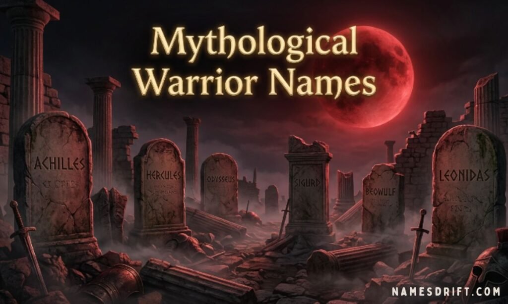 Mythological warrior names displayed on ancient monuments under red moonlight.