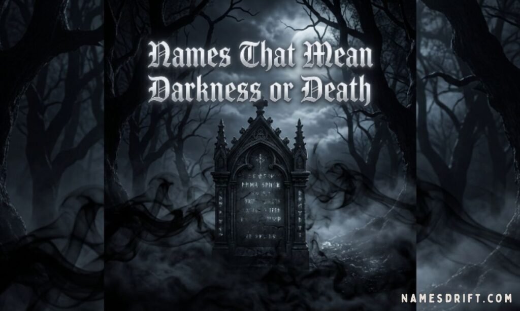 Dark names connected to death and darkness in a gothic graveyard setting.